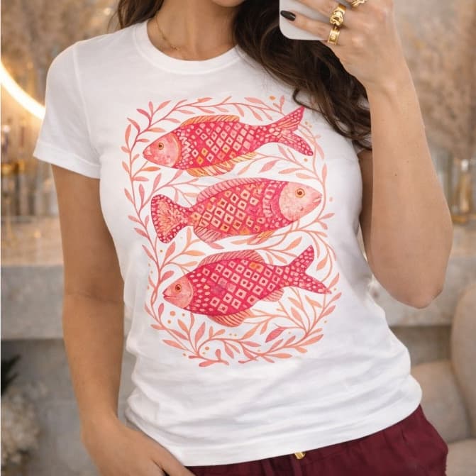 Camiseta Baby Look Peixes Moda Blusa Peixes Tendência 2026