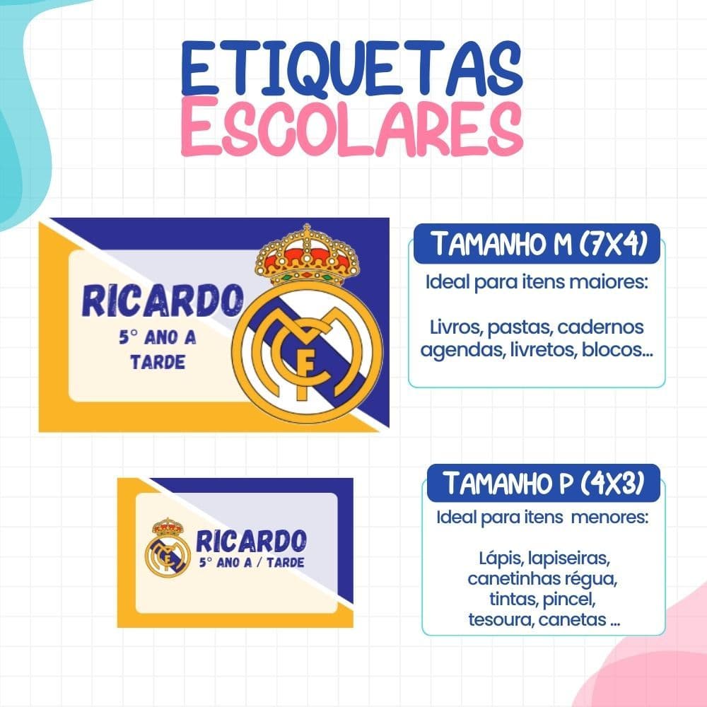 136 ou 188 Etiquetas REAL MADRI Adesivas Para material Escolar ETIQUETA Personalizadas Escolar Volta as Aulas