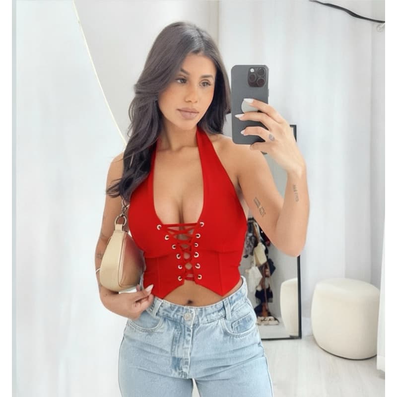 Cropped Feminino Estilo Corselet com Amarração Ajustável – Tendência do Momento
