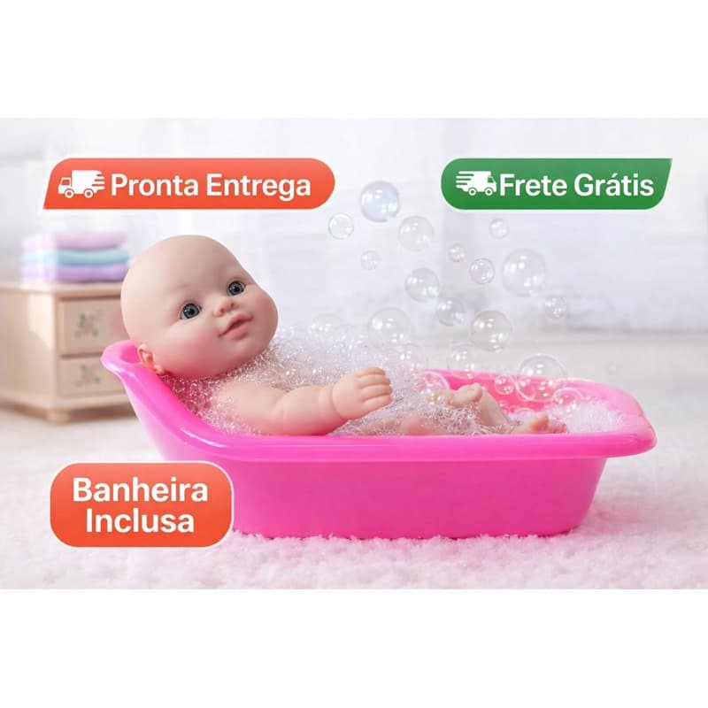 Boneca Bebê Menina Banho com Banheira 20cm Bonequinha Infantil