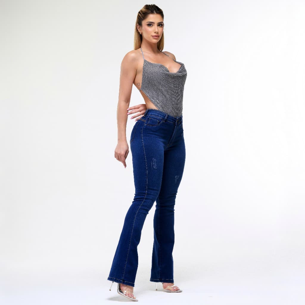 Calça Flare Jeans Feminina Cos Alto Com Elastano Cintura Alta Boca de Sino Premium