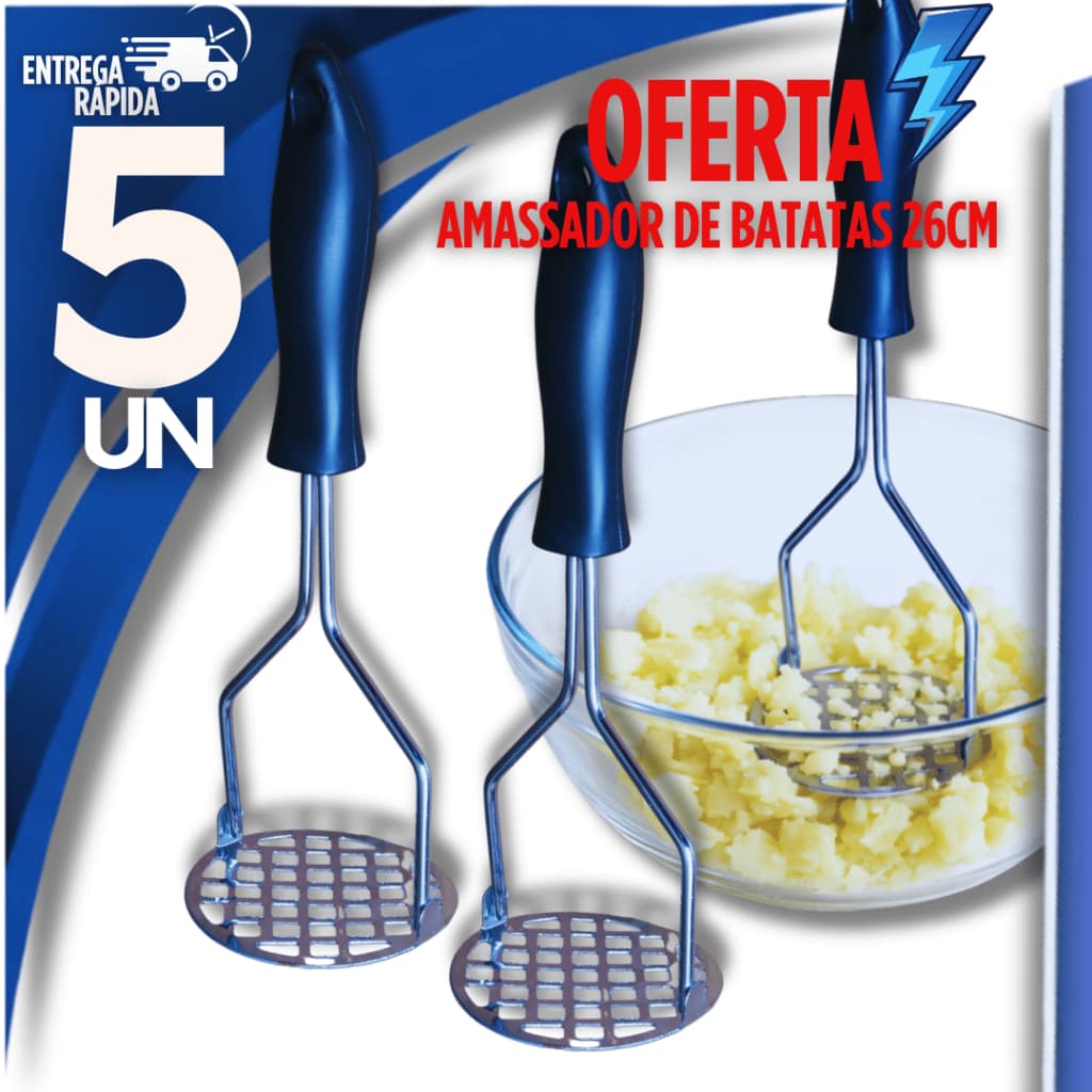 Conjunto  05 Peças Amassador Batatas Espremedor Manual Legumes Multiuso Aço Inox Com Cabo Plastico Cozinha Utilidades