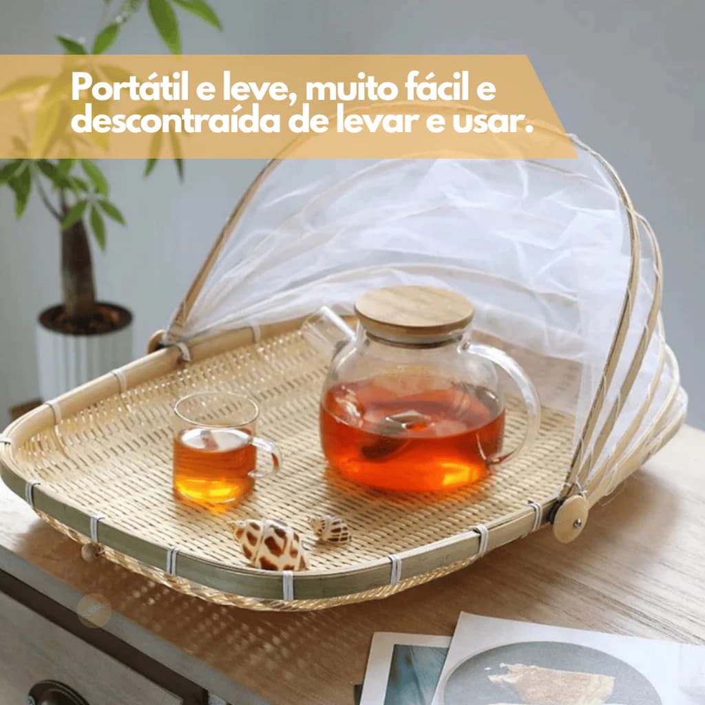 Cesto Porta Pão Bolo Bambu Redondo Alta Qualidade com Cobertura Retrátil