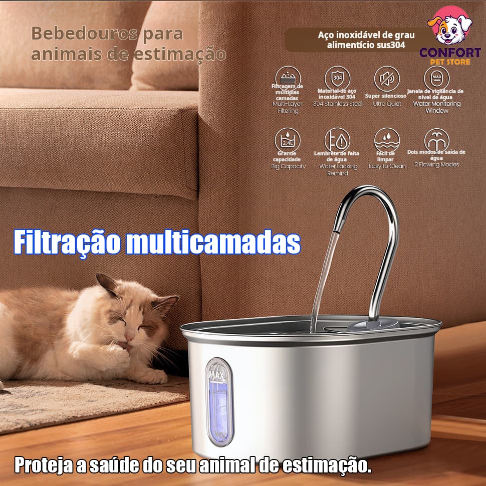 Fonte de água para animais de estimação em aço inoxidável, com filtragem multicamadas, ideal para cães e gatos