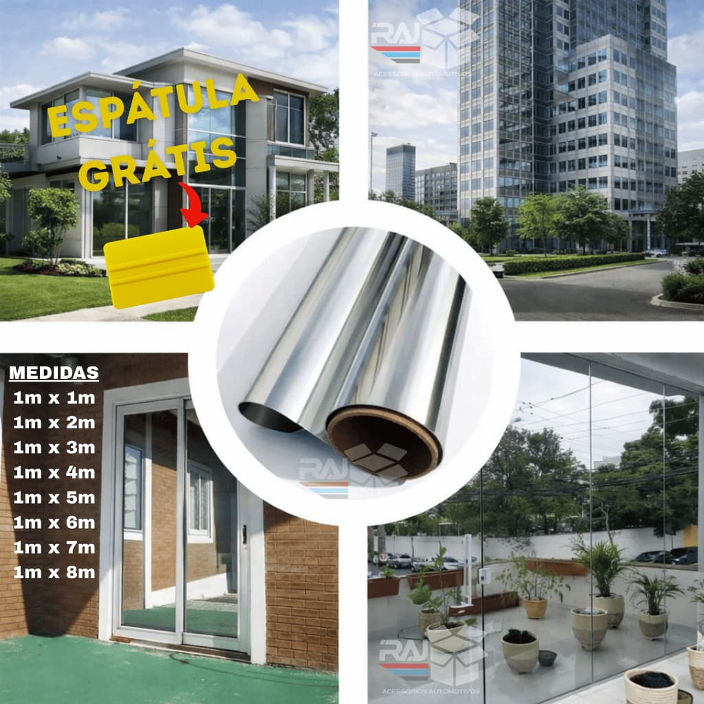 Película Tipo Insulfilm Prata Espelhada G5, 1M de largura, Refletiva, Poliéster profissional