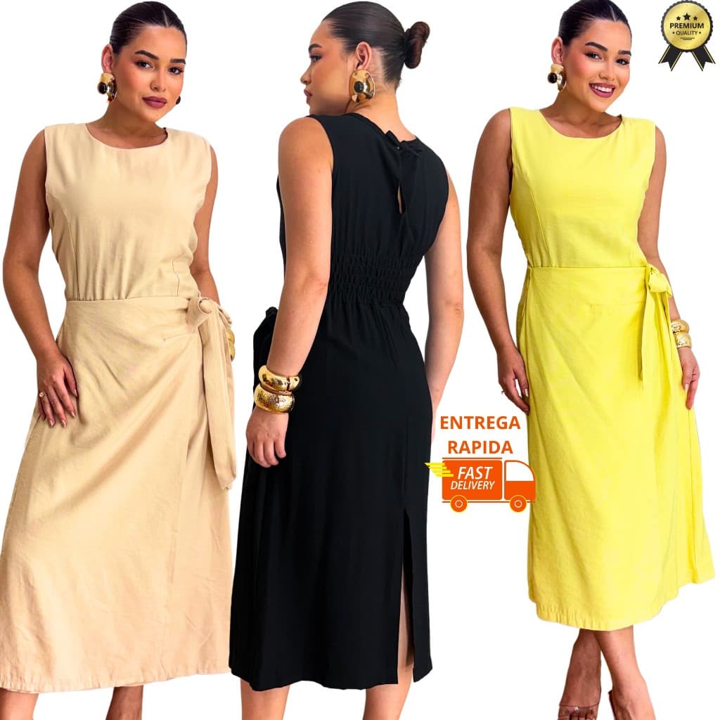 Vestido Feminino de Alfaiataria Sensorial Midi Acinturado com Elástico M G GG G1