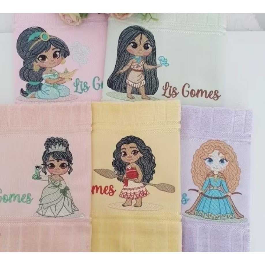 Kit de 5 Toalhas de Lavabo Personalizadas - Princesas Disney