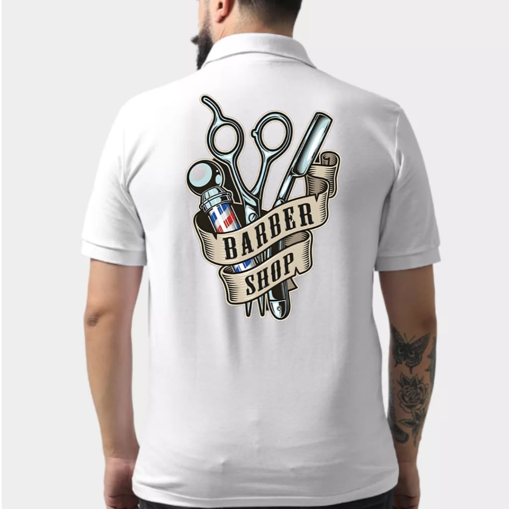 Camiseta/Camisa Gola Polo Masculina Uniforme Barbeiro Estampa Frente e Costas