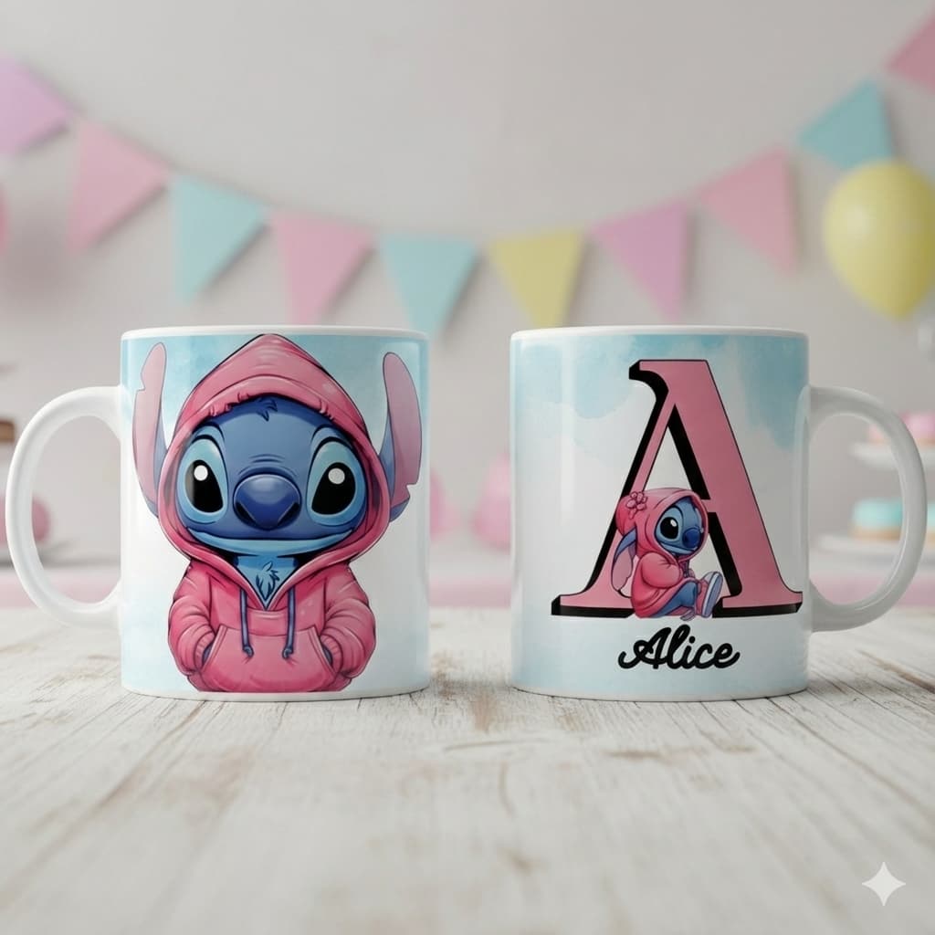 Caneca Personalizada Stitch com Nome Porcelana Xícara de Chá
