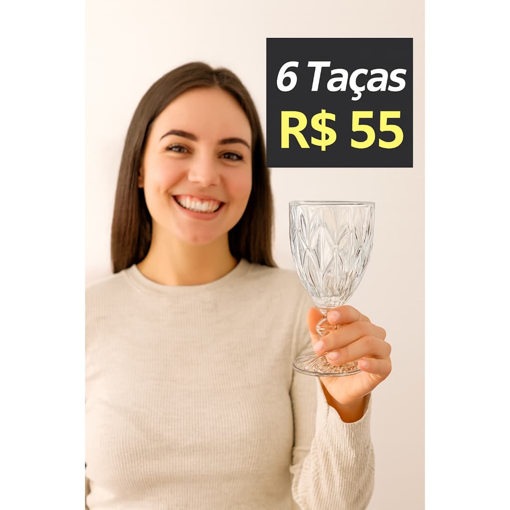 Jogo 6 Taças Vidro Diamond Conjunto Taça Para Água Vinho Tinto Suco Diamante