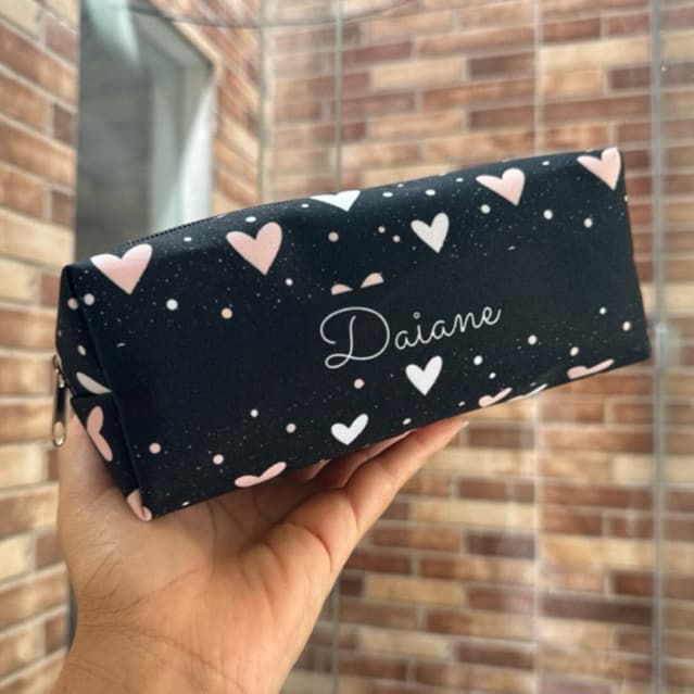 Estojo box personalizado com nome, material escolar, volta as aulas, coração, para lápis, espaçoso
