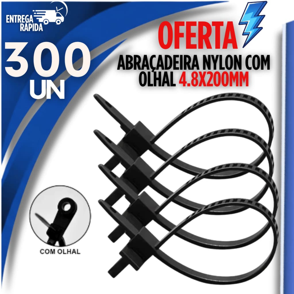 Conjunto 300 Abraçadeiras Nylon Enforca Gato Preta 4,8x200mm Com Olhal Plásticas Presilhas Cintas durabilidade Multiuso