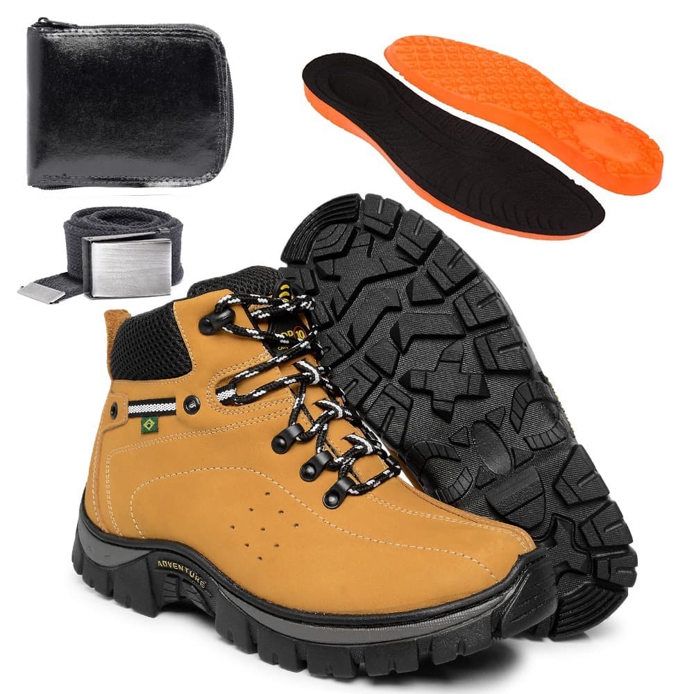 Kit Bota Coturno Adventure Masculina Adulto Infantil Amarelo Couro Nobuck Legítimo Solado Costurado