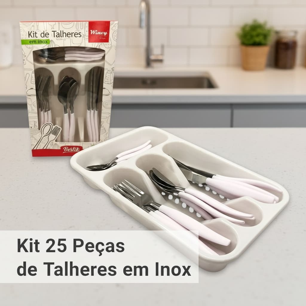 Kit Talheres Inox 25 Peças Branco com Porta Talher, Jogo Completo Mesa e Churrasco, Garfo e Faca