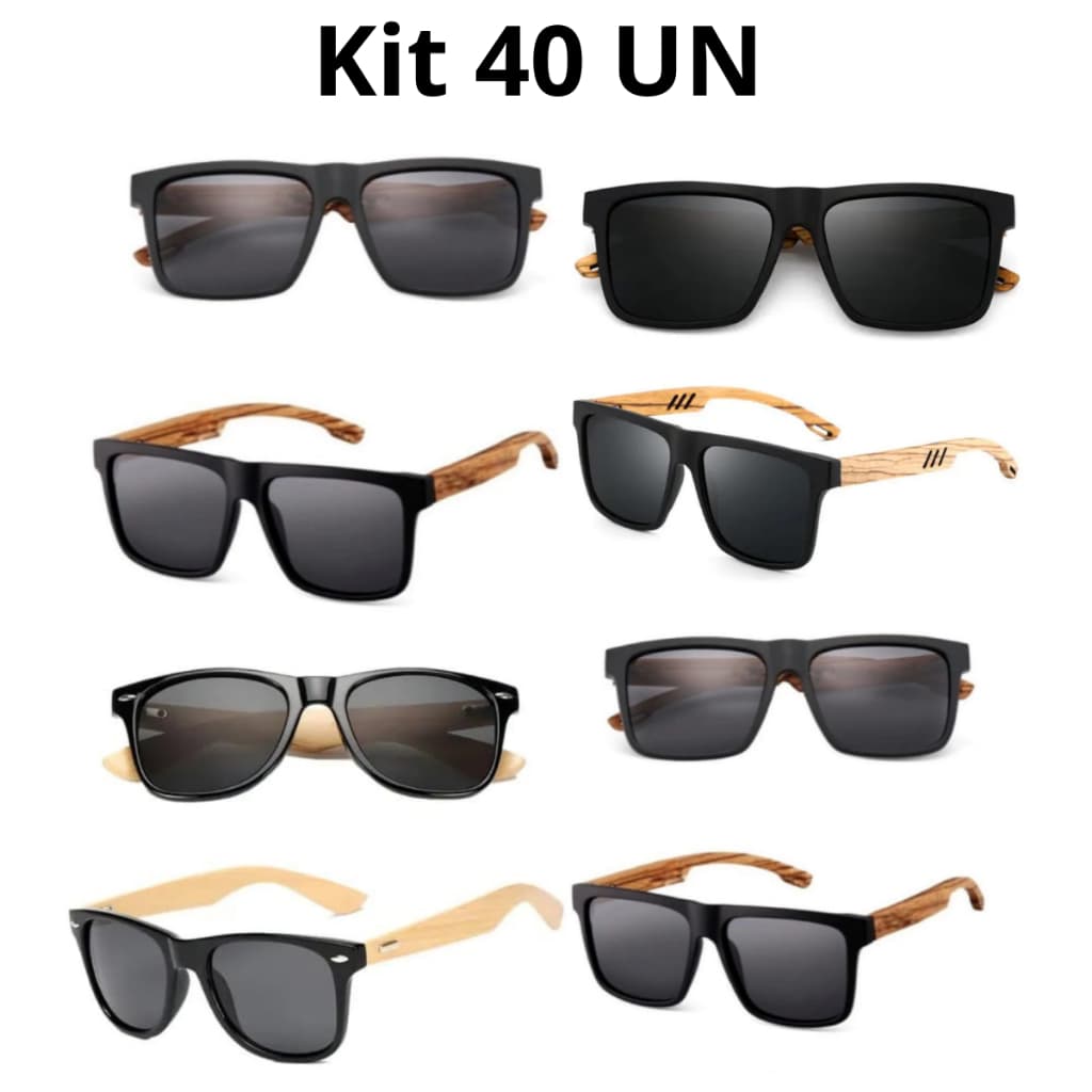 Kit 40 UN Óculos de Sol Unissex Madeira+ Flanelas Premium – Estilo Moderno