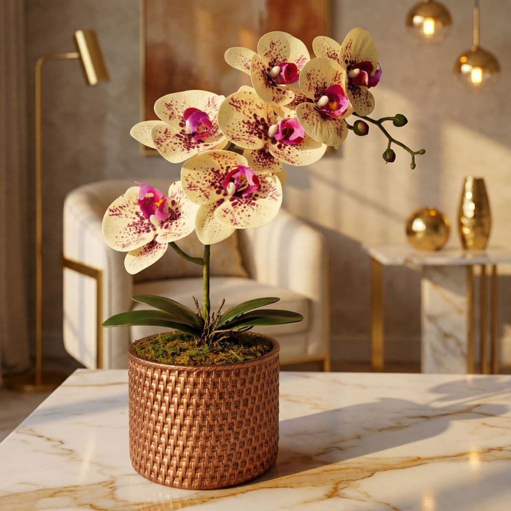 Arranjo Orquídea Creme Toque Aparência Real Siliconada Vaso Rattan Rose