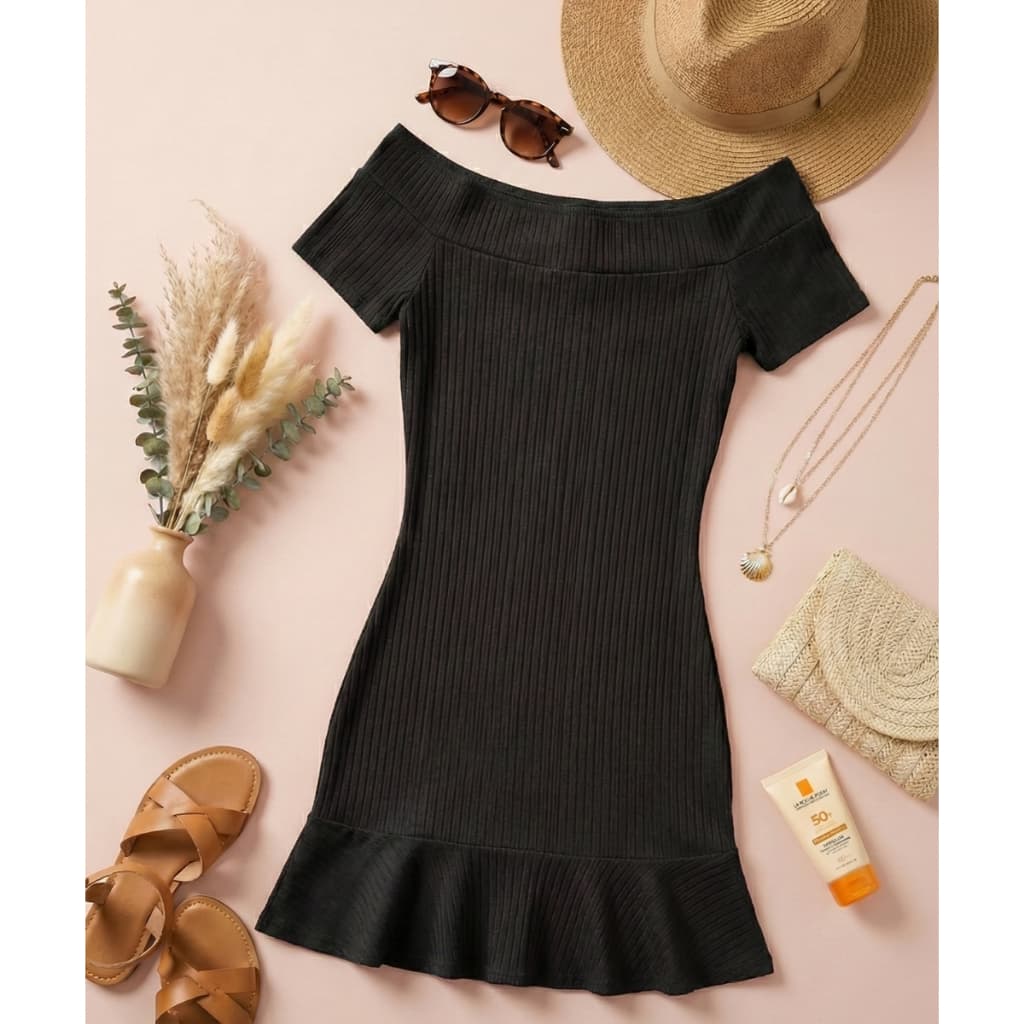 Vestido Curto de Verão com Babado Embaixo Ciganinha Canelado Ombro a Ombro Festa