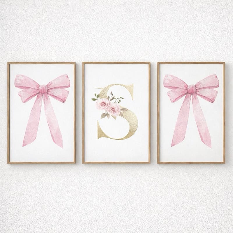 Kit 3 Quadros Decorativos Infantil Laço Rosa Inicial Floral Personalizado MDF