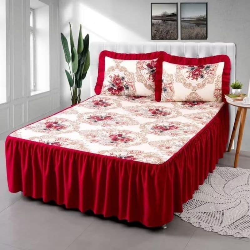 Colcha Casal Cama Box Estampada Floral Com Babado 2.50 x 2.70, Kit. com 3 Peças