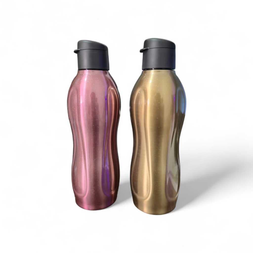 Garrafa Inox Eco Tupperware 880ml – Rosa / Ouro | Grande, Antiderrapante e Estilosa