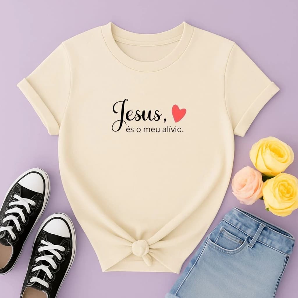 Camiseta Gospel Feminina 100% Algodão  Jesus é o Meu Alívio Moda Cristã Delicada | P ao GG001