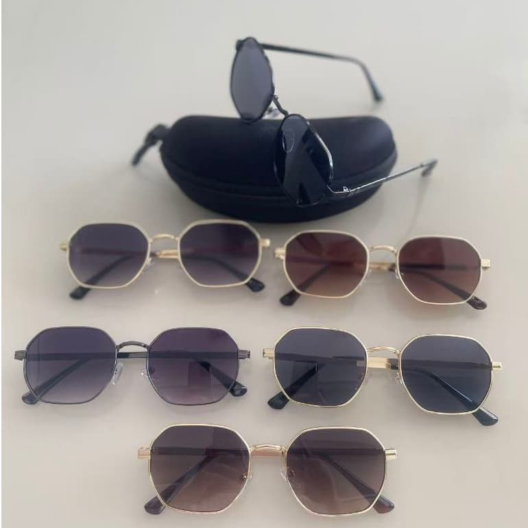 Óculos de Sol Feminino Retrô UV400 – Armação Metálica Geométrica, Lente Escura, Com Estojo