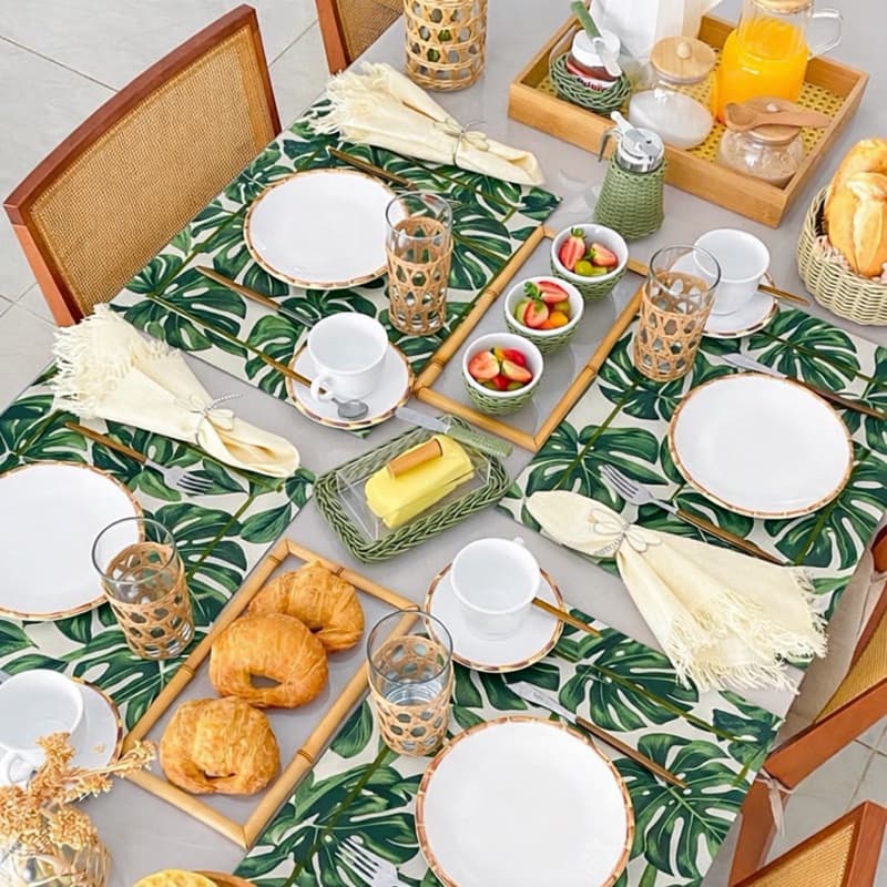 Kit 04 Lugares Americanos Jogos Estampa Folhas Verdes Decoração Cozinha Jogo Americano