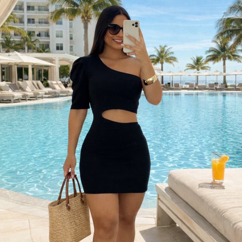 Vestido Curto Feminino Preto Nula Manga Bufante