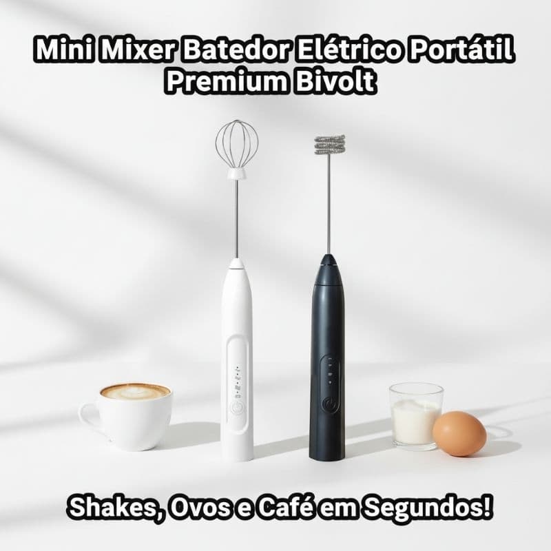 Premium Mini Mixer Batedor Elétrico Portátil Bivolt Branco/Preto - Ideal para Ovos e Shakes