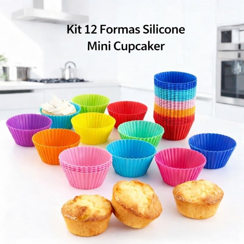 Kit 12 Mini Formas Silicone Cupcake Muffin Pão de Queijo Assadeira Airfryer Forno Forninho - Premium