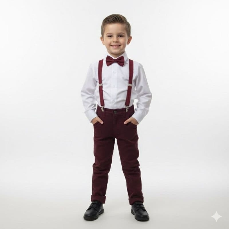 Conjunto Social Camisa Manga Longa Branca Calça Suspensório e Gravata Marsala  Para Casamentos Festas