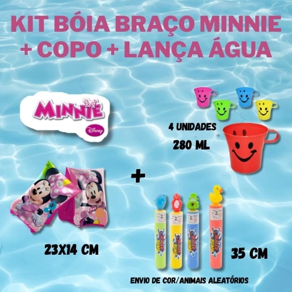 Kit Boia De Braço + Copo Plástico + Lança Água Criança Piscina Diversão Lazer MINNIE Ítens Piscina