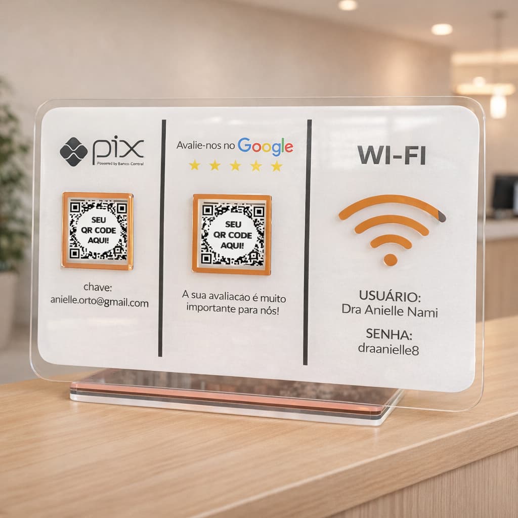 Placa Leitura 3 QR Code Acrílico Espelhado Personalizada com Logotipo
