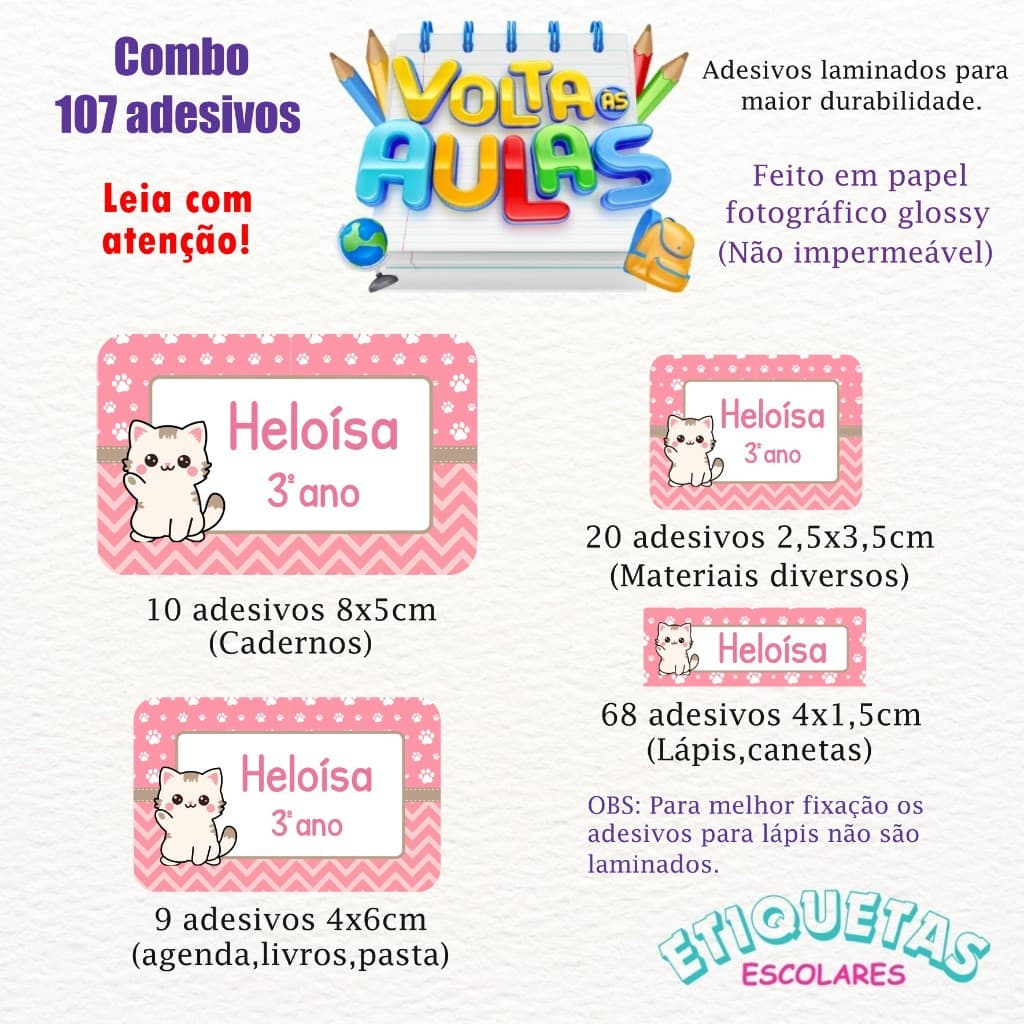Kit 107 Etiquetas escolar Gatinhos personalizadas com nome - Volta as aulas