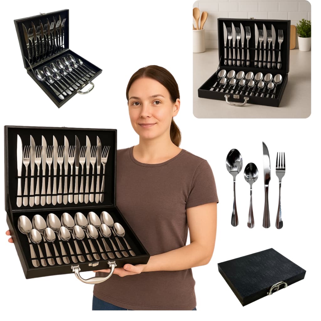 Conjunto 24 Talheres Inox com Maleta Luxo Cozinha Elegante Sofisticado Faca Garfo Colher Sobremesa