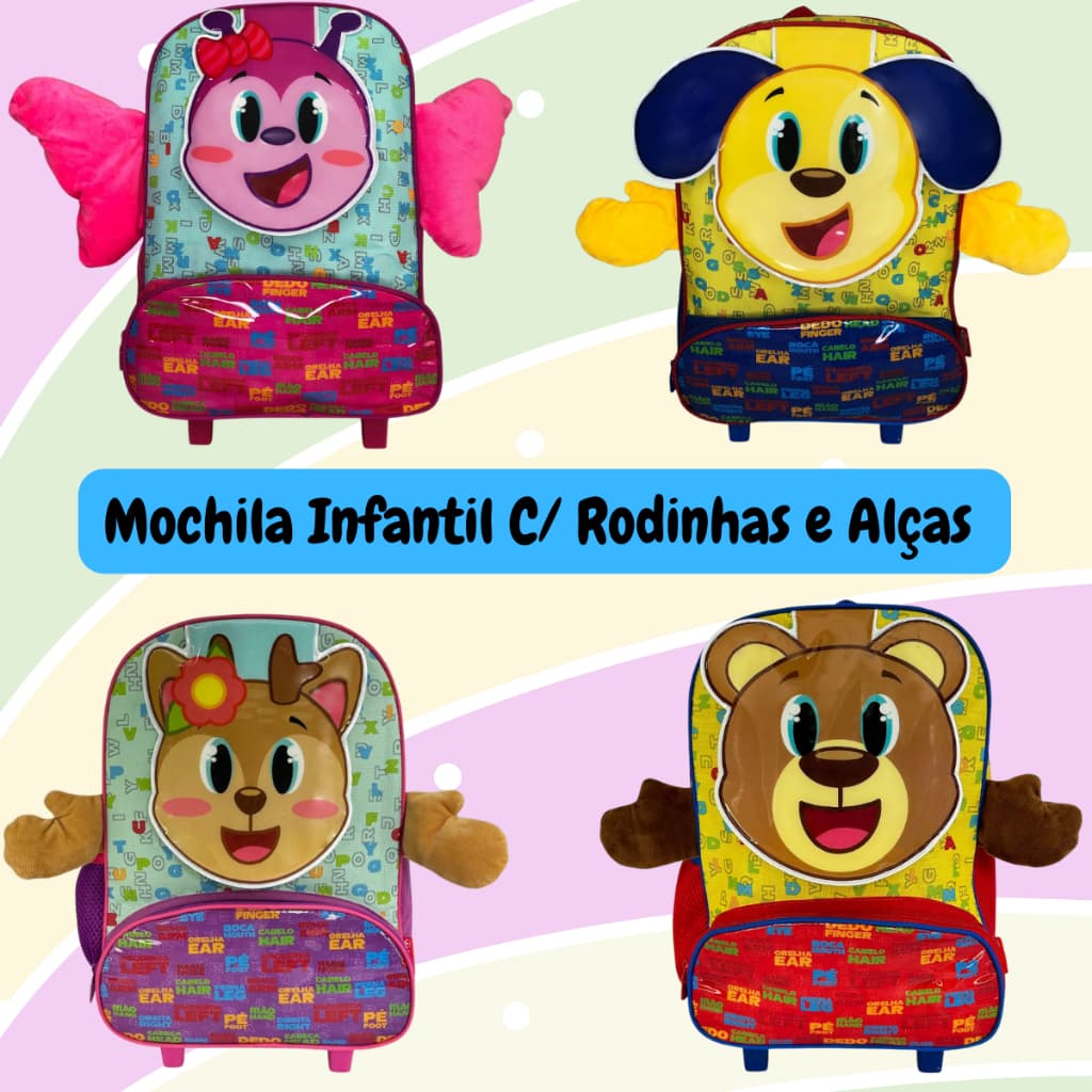 Mochila Infantil Escolar com Rodinhas e Alças – Ursinho, Cachorro, Borboleta ou Rena Menino Menina