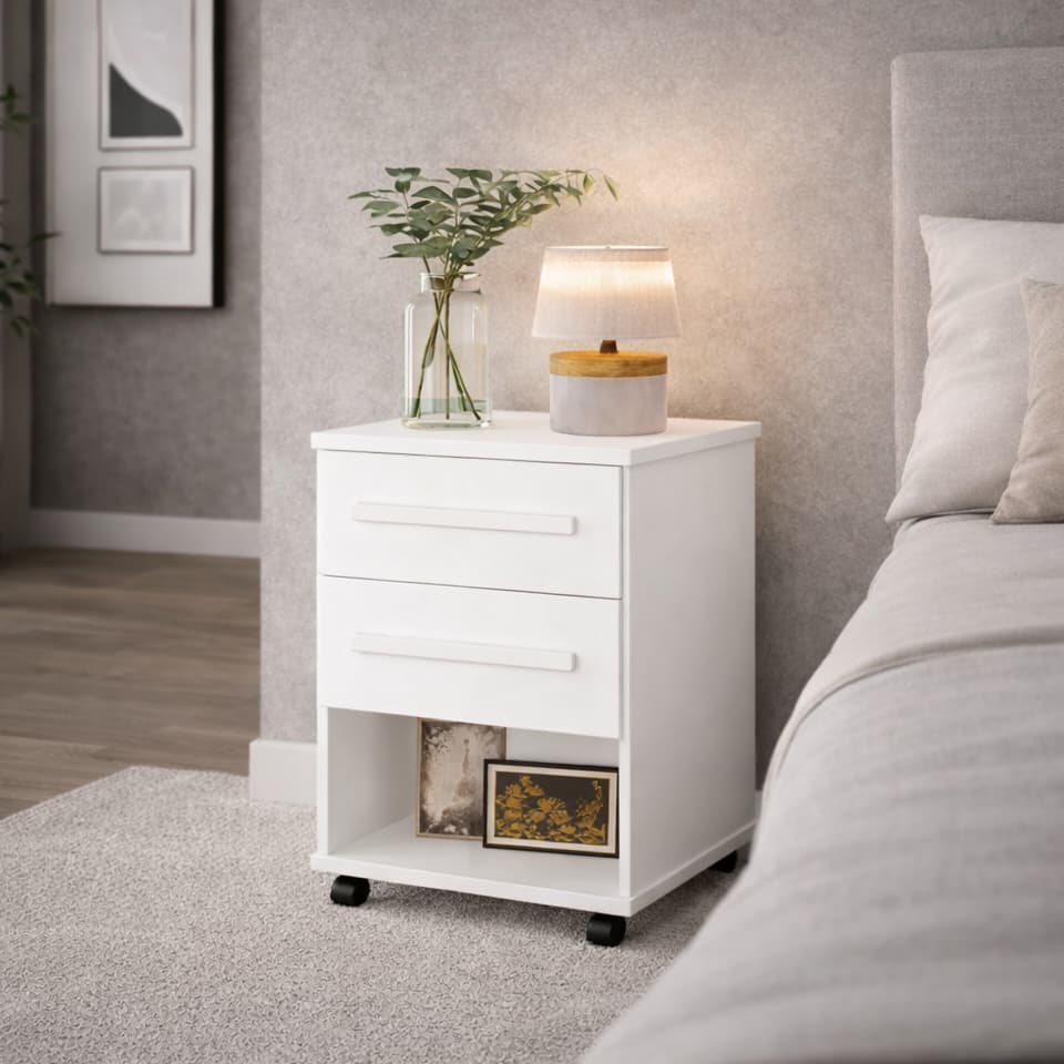 Mesa De Cabeceira 2 Gavetas 1 Nicho Para Cama Box C/ Rodinhas Branco