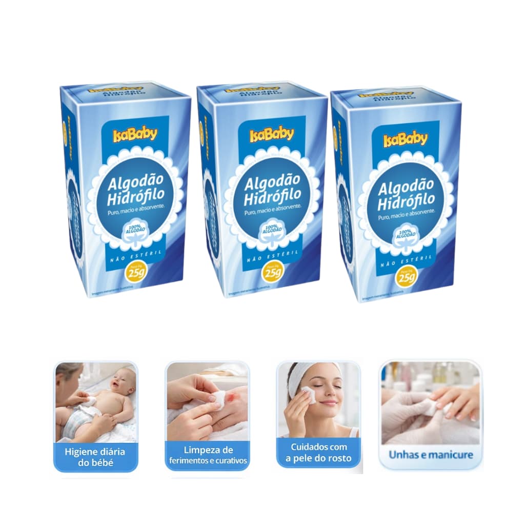 Algodão Rolo IsaBaby 25g Hidrófilo Puro Macio e Absorvente 3/10 unidades