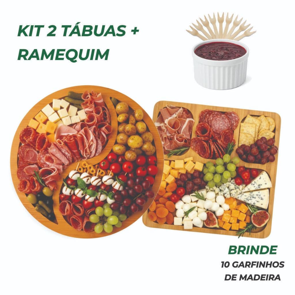 Kit Petisqueira Redonda + Tábua Quadrada com Ramequim p/ Petiscos Frios e Queijo
