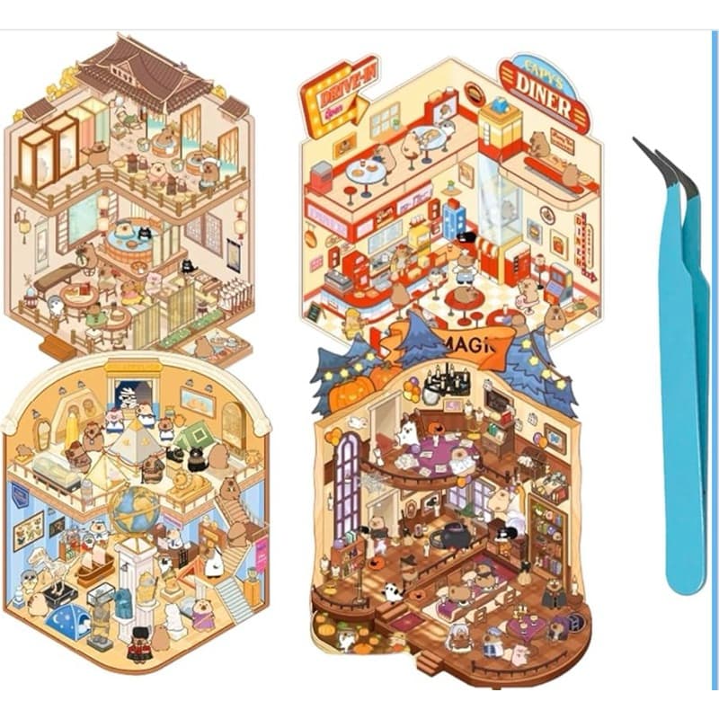 Kit 4 Cenários 3D Adesivos Capivaras Fofas + Pinça