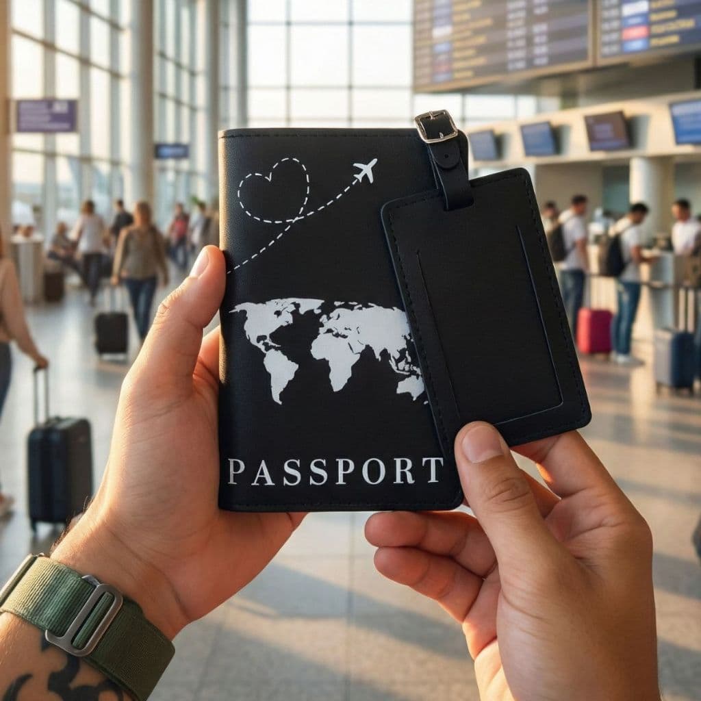 Porta Passaporte em Couro Preto com Tag de Mala | Compacto, Elegante e com Espaço para 3 Cartões