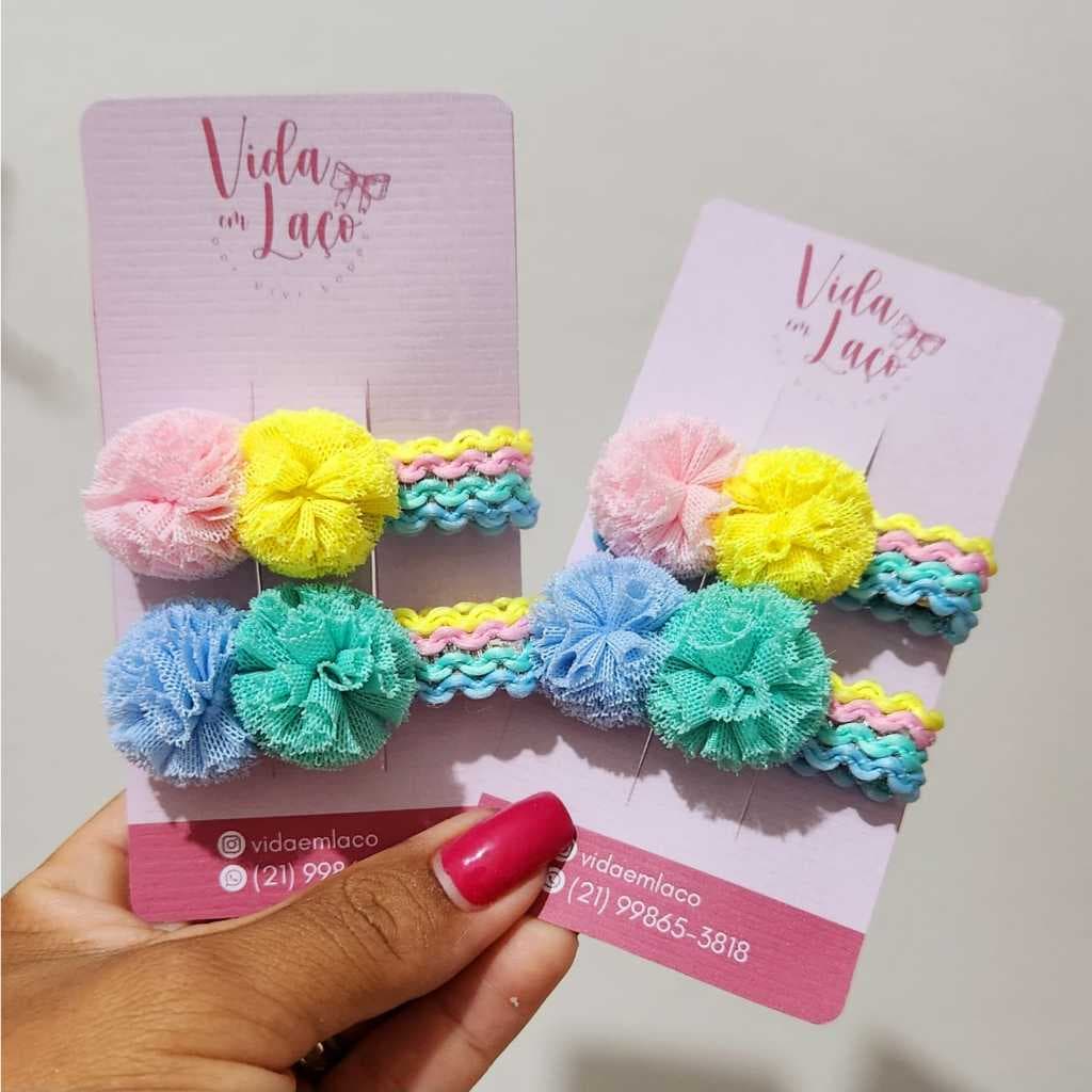 Par de presilhas laços Candy color - Tiara Diadema com pompom
