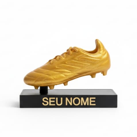 Troféu Chuteira de Ouro Personalizado com Nome e Base. Decoração Futebol