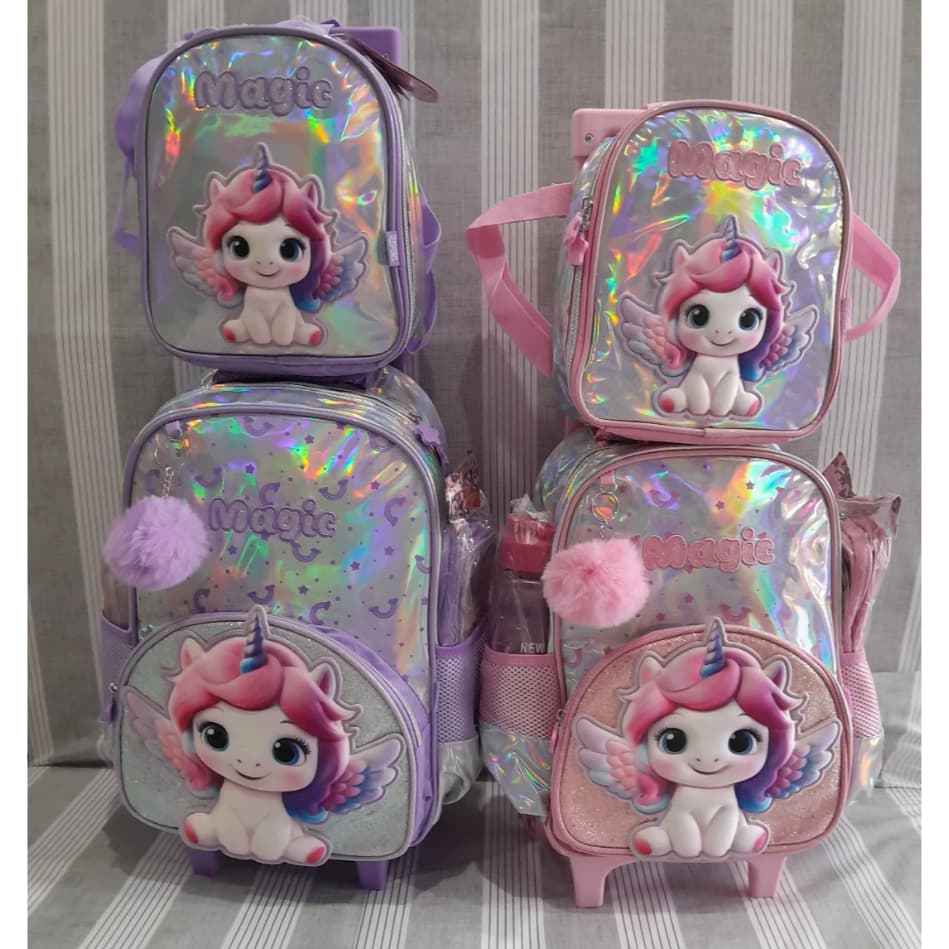 MOCHILA INFANTIL MENINA - KIT UNICÓRNIO -MOCHILA COM RODINHA/LANCHEIRA/ESTOJO