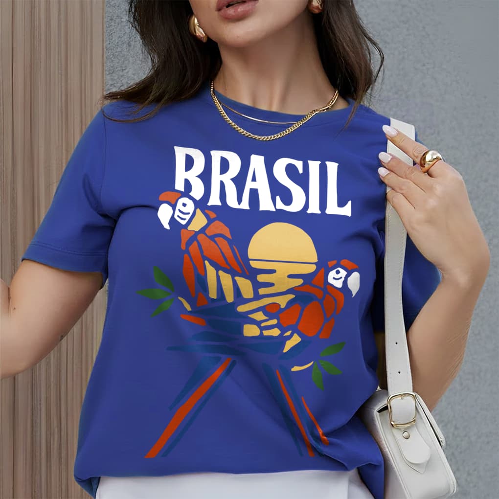 Camiseta Feminina Brasil  Araras Azul T-SHIRT Algodão Premium Casual Moderna Estilo Tropical