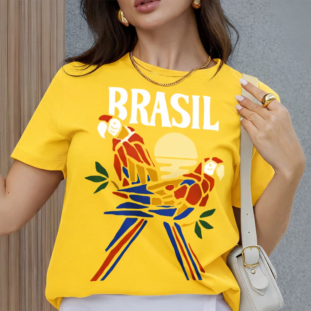 Camiseta Feminina Estampa Tropical Brasil Araras Leve Fresca Moda Verão 100%  Algodão