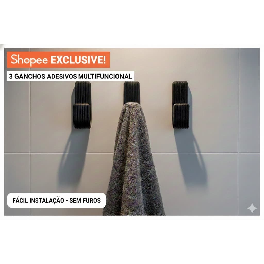 Kit Ganchos Parede Preto Branco Porta Toalhas Adesivos Fita 3M Sem Furo Cozinha Banheiro Cabideiro