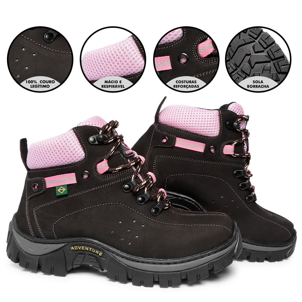 Coturno Bota Adventure Feminino Marrom-Rosa Em Couro Legítimo e Solado Costurado