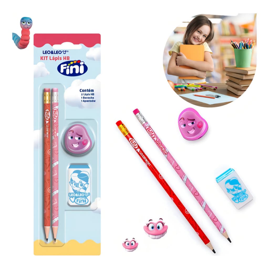 Kit Escolar Lápis HB + Borracha+ Apontador Fini Leo &Leo