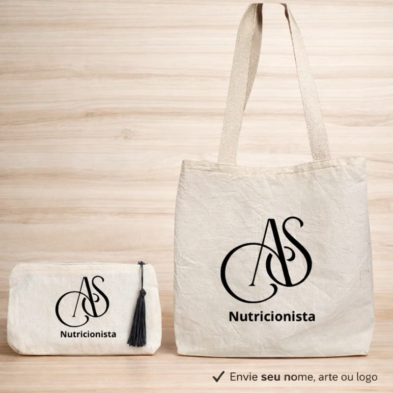 2 Kit Ecobag + Necessaire Algodão Cru Personalizado com Nome, Arte ou Logo lembranca mimo empresa